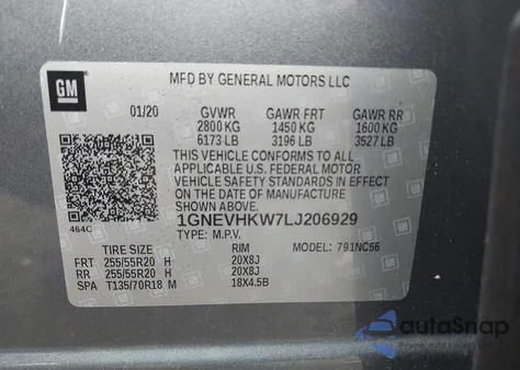 2020 Chevrolet Traverse Awd Lt Leather from USA, damaged, VIN 1GNEVHKW7LJ206929